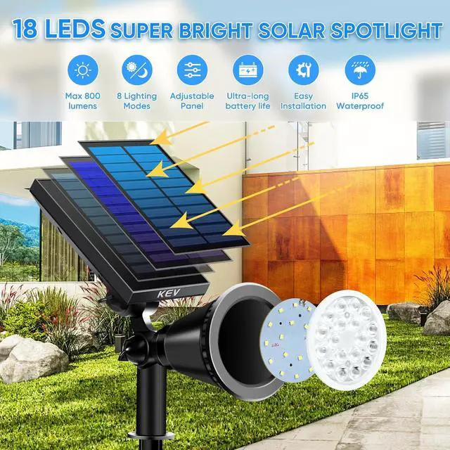 Alt view image 2 of 6 - KEV 800 Lumens Solar Spot Lights Outdoor,18 LEDs Solar Flood Lights with 2 Modes &Adjustable &IPX65 Waterproof,Solar Spotlight for Driveway/Backyard/Patio Landscape/Tree/Garage(Cool White, 4 Pack)