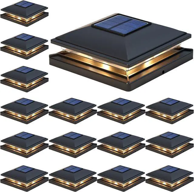 Main image of APONUO Solar Post Cap Lights - 16 Pack Outdoor Waterproof for 4x4, 5x5, 6x6 Posts, 2 Modes Warm/Cool Light, Solar Powered Fence/Deck/Patio Decor, Black
