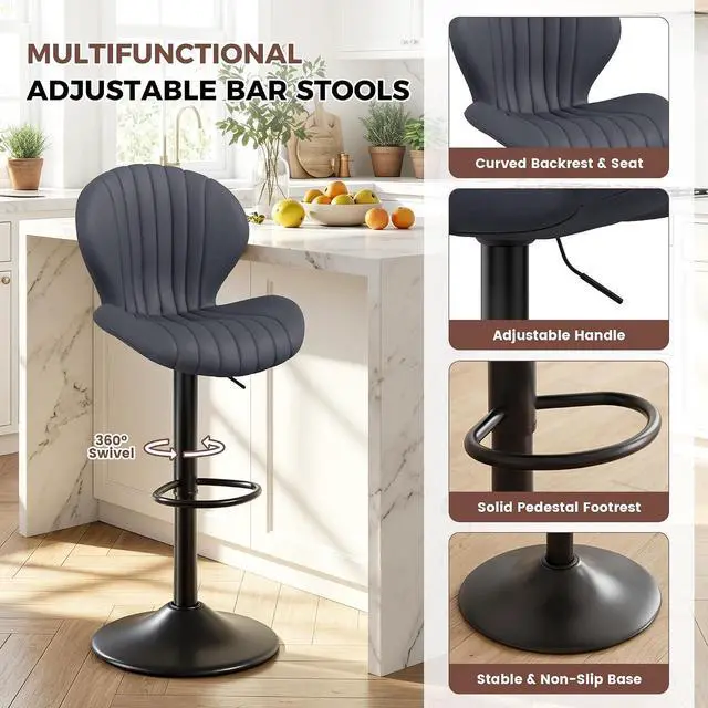 Alt view image 5 of 7 - Nalupatio Bar Stools Set of 3, Adjustable Upholstered Swivel Bar Chairs, Modern Counter Height Barstools with High Backrest for Kitchen Dining Room, Dark Grey