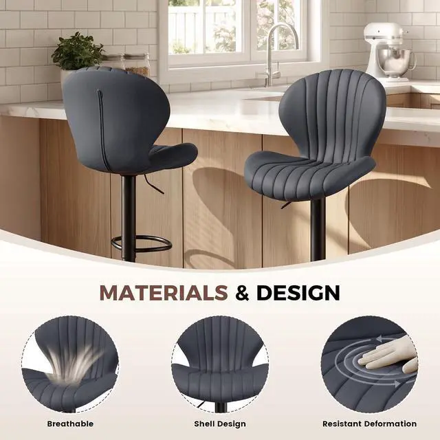 Alt view image 6 of 7 - Nalupatio Bar Stools Set of 3, Adjustable Upholstered Swivel Bar Chairs, Modern Counter Height Barstools with High Backrest for Kitchen Dining Room, Dark Grey