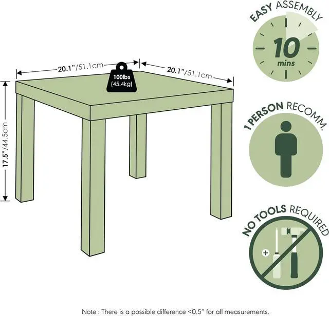 Alt view image 3 of 7 - Furinno Classic Toolless Square Side Table, 1.8" Thick Tabletop, Black