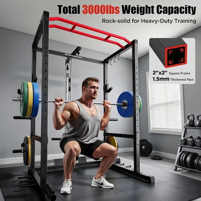 Alt view image 2 of 7 - SPORTSROYALS Power Rack, Multi-Functional Power Cage, Squat Rack with Pulley System & LAT Pull Down, Workout Cage with J Hooks for Home Gym