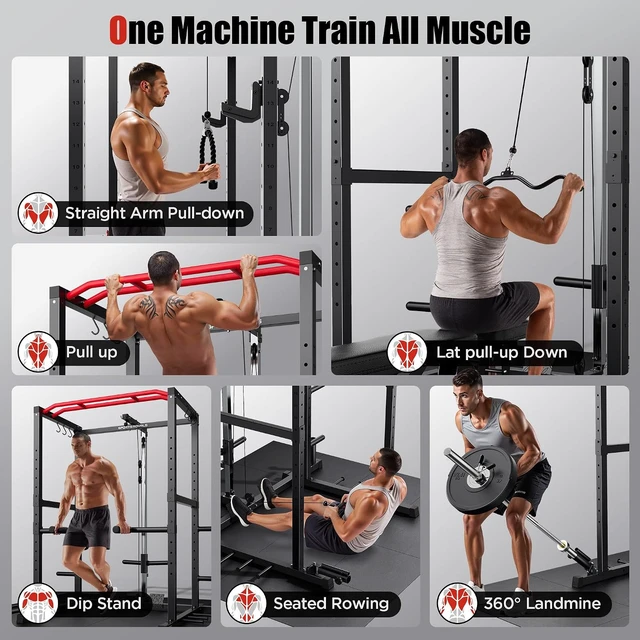 Alt view image 5 of 7 - SPORTSROYALS Power Rack, Multi-Functional Power Cage, Squat Rack with Pulley System & LAT Pull Down, Workout Cage with J Hooks for Home Gym