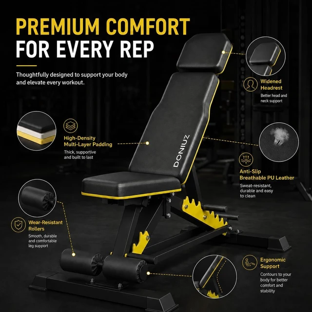 Alt view image 2 of 6 - DONIUZ Adjustable Weight Bench for Home Gym, 1200LB Heavy Duty Commercial Workout Bench, Multi-Position Incline Decline Flat FID Bench Press with Headrest & Leg Rollers for Full Body Strength Training