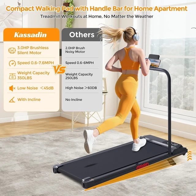 Alt view image 3 of 7 - KASSADIN Electric Walking Pad Treadmill with Handle Bar Incline for Home