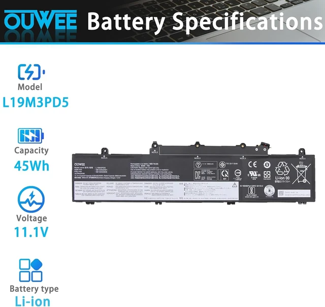 Alt view image 2 of 5 - L19M3PD5 SB10X02591 5B10X02606 Laptop Battery Replacement for Lenovo ThinkPad E14 E15 Gen 2 3 4 Series L19L3PD5 L19C3PD5 11.1V 45Wh