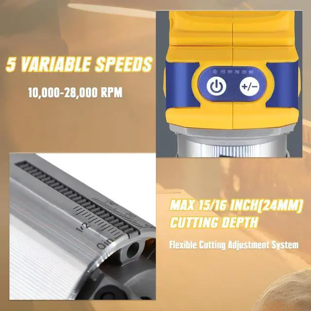 Alt view image 3 of 7 - Cordless Router Tool, Mellif 600W Brushless Trim Router Compatible with DeWalt 20V MAX Battery (Tool Only) 28,000RPM 5 Speeds, Fixed Base, 12PCS 1/4" Router Bits, Edge Guide, Roller Guide, Dust Hood