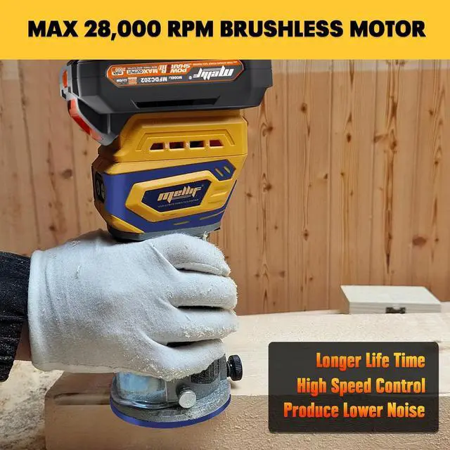 Alt view image 4 of 7 - Cordless Router Tool, Mellif 600W Brushless Trim Router Compatible with DeWalt 20V MAX Battery (Tool Only) 28,000RPM 5 Speeds, Fixed Base, 12PCS 1/4" Router Bits, Edge Guide, Roller Guide, Dust Hood