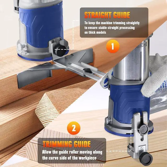 Alt view image 5 of 7 - Cordless Router Tool, Mellif 600W Brushless Trim Router Compatible with DeWalt 20V MAX Battery (Tool Only) 28,000RPM 5 Speeds, Fixed Base, 12PCS 1/4" Router Bits, Edge Guide, Roller Guide, Dust Hood