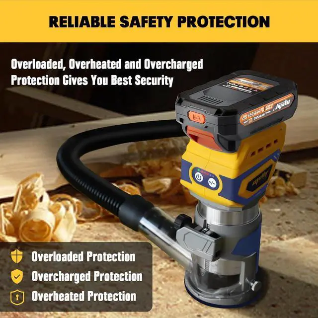 Alt view image 6 of 7 - Cordless Router Tool, Mellif 600W Brushless Trim Router Compatible with DeWalt 20V MAX Battery (Tool Only) 28,000RPM 5 Speeds, Fixed Base, 12PCS 1/4" Router Bits, Edge Guide, Roller Guide, Dust Hood