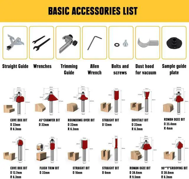Alt view image 7 of 7 - Cordless Router Tool, Mellif 600W Brushless Trim Router Compatible with DeWalt 20V MAX Battery (Tool Only) 28,000RPM 5 Speeds, Fixed Base, 12PCS 1/4" Router Bits, Edge Guide, Roller Guide, Dust Hood
