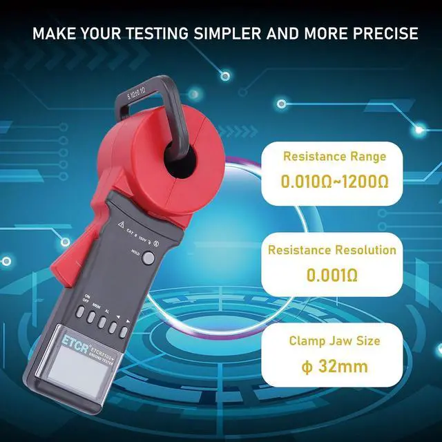 Alt view image 2 of 7 - ETCR2100+ Digital Clamp Ground Earth Resistance Meter Tester 0.01-1200