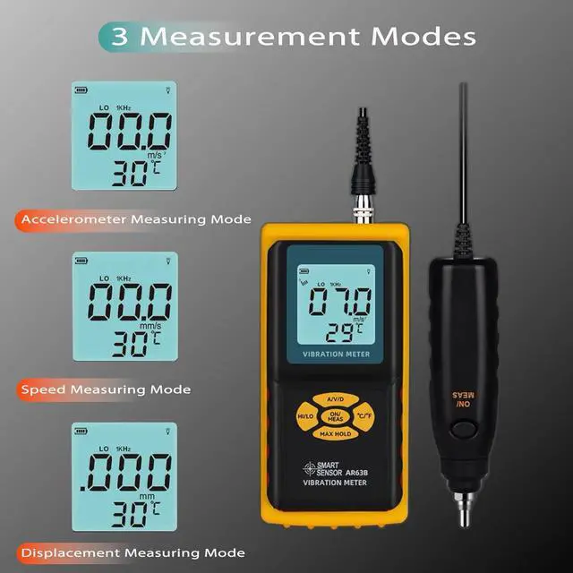 Alt view image 4 of 7 - HKNDT AR63B Digital Vibration Meter Vibrometer 3-in-1 Measuring Modes for Acceleration, Velocity, Displacement, and Environmental Temperature