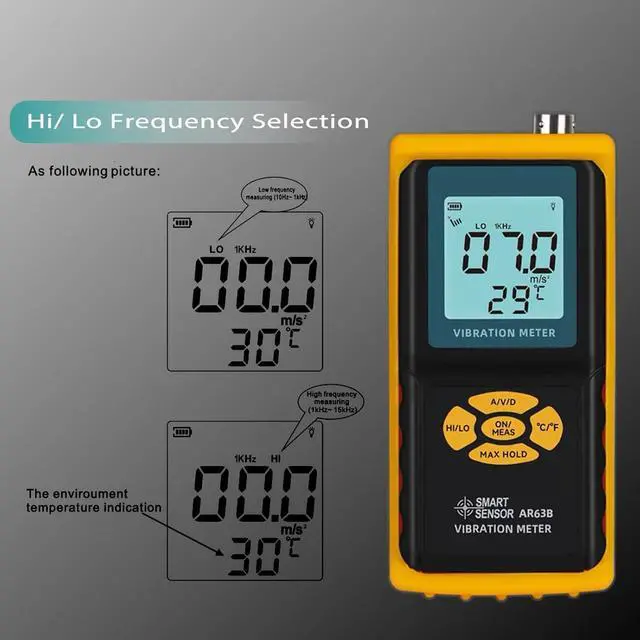 Alt view image 5 of 7 - HKNDT AR63B Digital Vibration Meter Vibrometer 3-in-1 Measuring Modes for Acceleration, Velocity, Displacement, and Environmental Temperature
