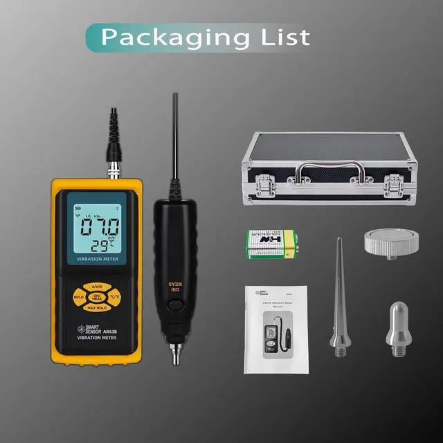 Alt view image 7 of 7 - HKNDT AR63B Digital Vibration Meter Vibrometer 3-in-1 Measuring Modes for Acceleration, Velocity, Displacement, and Environmental Temperature