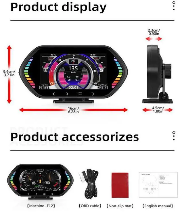 Alt view image 4 of 7 - F12 Universal HUD Head-Up Display OBD2 GPS Speedometer Intelligent Tilt Meter Car Accessories