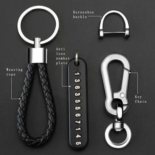 Alt view image 4 of 7 - Car keychains anti loss phone number plate motorcycle braided rope lock keyrings set
