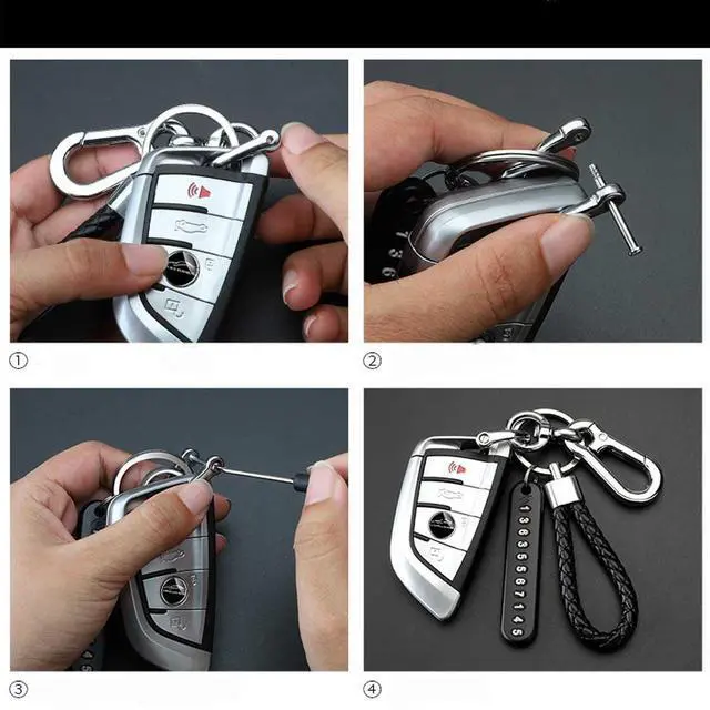 Alt view image 6 of 7 - Car keychains anti loss phone number plate motorcycle braided rope lock keyrings set