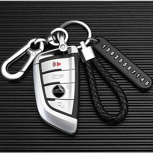 Alt view image 7 of 7 - Car keychains anti loss phone number plate motorcycle braided rope lock keyrings set