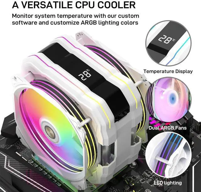 Alt view image 2 of 4 - CPU Cooler with Temperature Display, Dual ARGB & PWM Fans, - Compatible with Intel LGA1700/1200/115X/2011/2066/1366 and AMD AM4/AM5 - Easy Installation - White