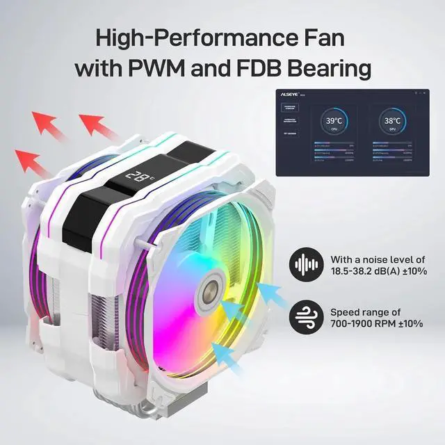 Alt view image 4 of 4 - CPU Cooler with Temperature Display, Dual ARGB & PWM Fans, - Compatible with Intel LGA1700/1200/115X/2011/2066/1366 and AMD AM4/AM5 - Easy Installation - White