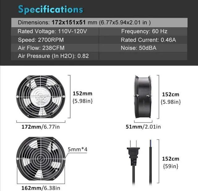 Alt view image 2 of 4 - forAC 110V 120V Axial Fan Big Airflow High Speed Dual Ball 172mm x 150mm x 51mm for DIY Cooling Ventilation Exhaust Projects For Server