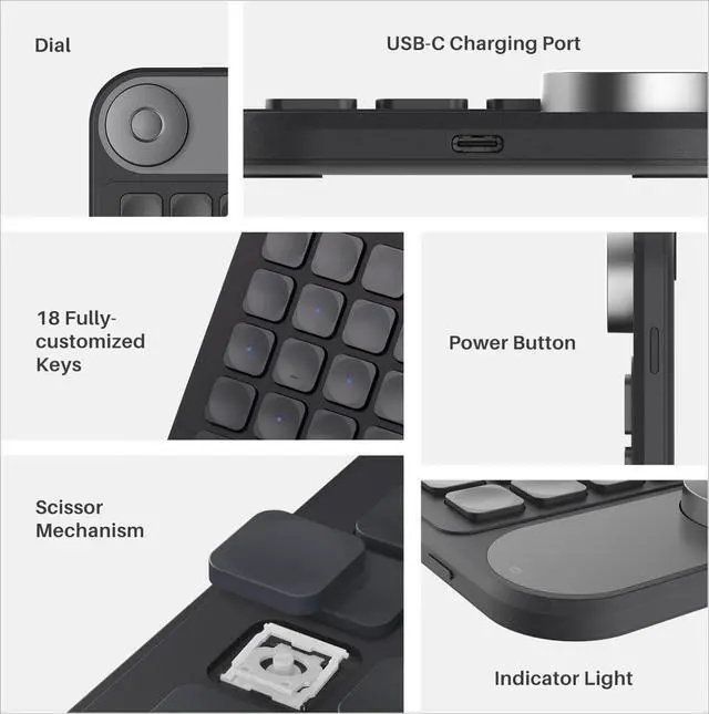 Alt view image 2 of 4 - Keydial Mini Bluetooth Programmable Keypad with Dial 5 Keys Anti-ghosting 18 Customized Keys, Wireless Shortcut Keyboard for Drawing Tablet, PC, Laptops