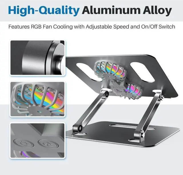 Alt view image 3 of 5 - Adjustable Laptop Cooling Stand with 2 Quiet Fans & RGB Lighting, Foldable Ergonomic Design Perfect for Gaming, DJ, Office - Gray