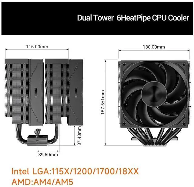 Alt view image 2 of 4 - CPU Cooler TDP CPU Air Cooler Dual Tower CPU Fan 6 HeatPipe CPU Cooling System with Three Modes PWM Silent Fans, for Intel LGA 115X/1200/1700,AMD AM4/AM5,BK