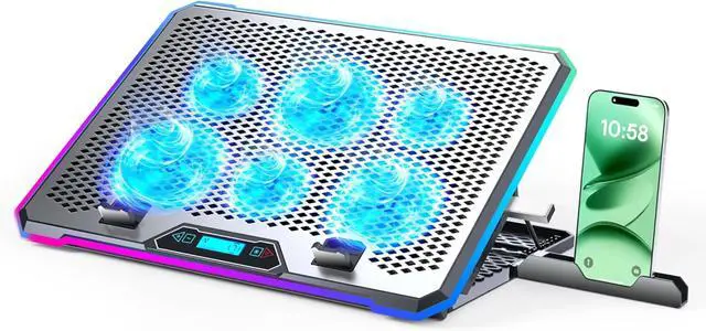 Main image of Aluminum Alloy RGB Gaming Laptop Cooler with 6 Fans and LCD Screen - 10 RGB Modes Memory Function, 4 USB Ports 3.0 and 2.0 Hub