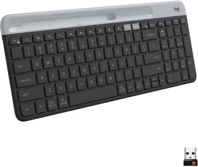 Alt view image 3 of 4 - Multi-Device Slim Wireless Keyboard, Built-in Cradle for Device; for Laptop, Tablet, Desktop, Win/Mac, Bluetooth/Receiver, Compact, Easy Switch