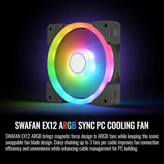 Alt view image 2 of 4 - 12 ARGB PC Cooling Fan, 3-Fan pcak, 500~2000 RPM, Magnetic Connection, Reversable Blades, sync with MB RGB Software, CL-F167-PL12SW-A, 120mm, Black