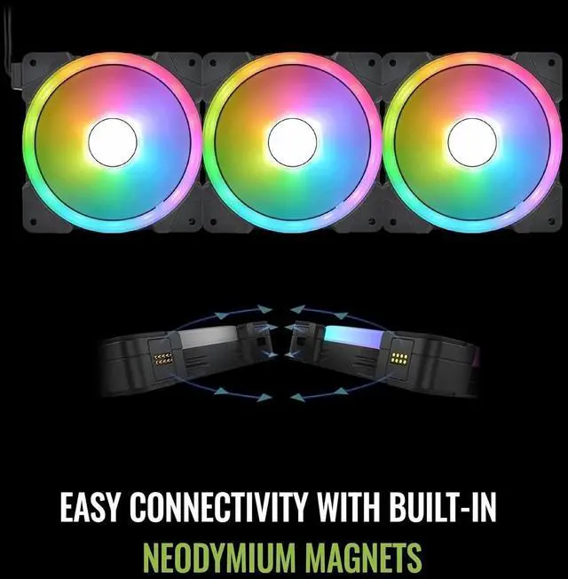 Alt view image 3 of 4 - 12 ARGB PC Cooling Fan, 3-Fan pcak, 500~2000 RPM, Magnetic Connection, Reversable Blades, sync with MB RGB Software, CL-F167-PL12SW-A, 120mm, Black