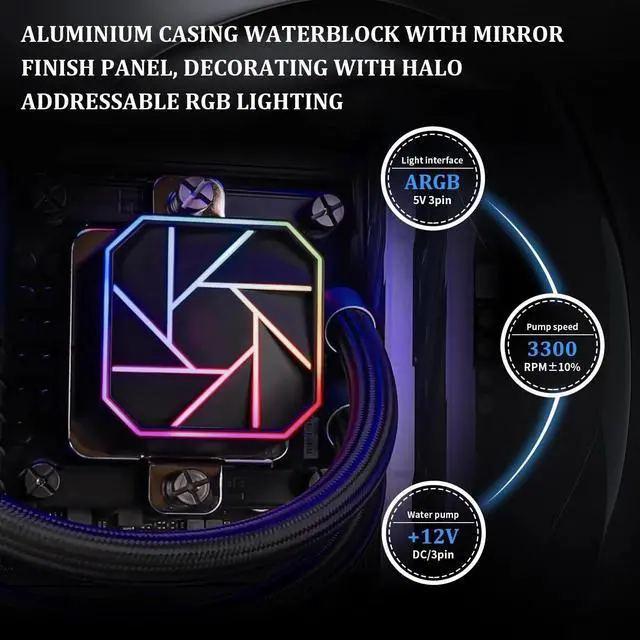 Alt view image 2 of 5 - 3 PWM ARGB Fans with S-FDB Bearings,Efficient PWM Controlled Pump,for AMD/AM4/AM5, Intel LGA1150/1151/1200/2011/1700, (AE360 V3)