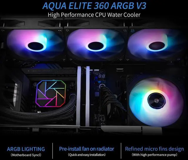 Alt view image 4 of 5 - 3 PWM ARGB Fans with S-FDB Bearings,Efficient PWM Controlled Pump,for AMD/AM4/AM5, Intel LGA1150/1151/1200/2011/1700, (AE360 V3)