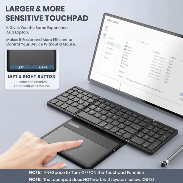 Alt view image 2 of 4 - Portable Full Size Folding Keyboard with Large Touchpad, Numeric Keypad, PU Leather, Wireless TravelKeyboard for Windows Android Mac(Sync up to 3 Devices)