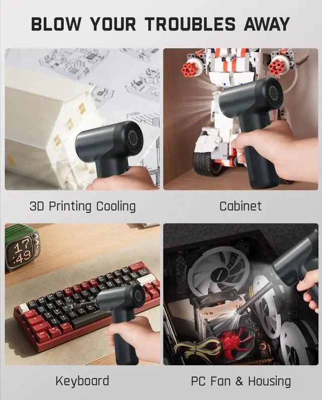 Alt view image 3 of 6 - Compressed Air Duster, 110000RPM Brushless Motor, 2600mAh Rechargeable Battery, LED Light, Air Blower for Keyboard, PC Fans & Housing, Cabinet