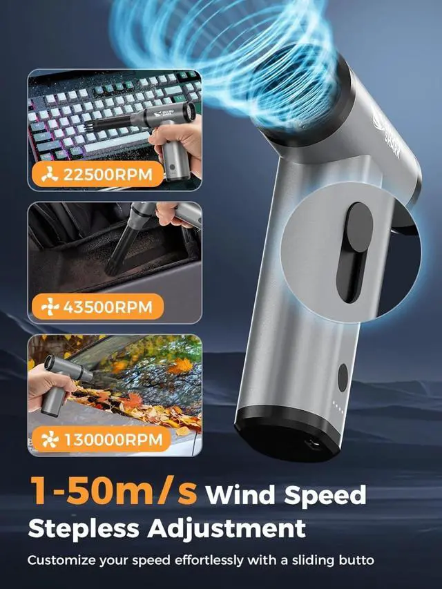 Alt view image 3 of 5 - Electric Air Duster,130000RPM Stepless Speed Compressed Air Duster Rechargeable Full Body Aluminum Alloy Tiny Air Blower PC/Keyborad/BBQ/Car/Camping, Grey