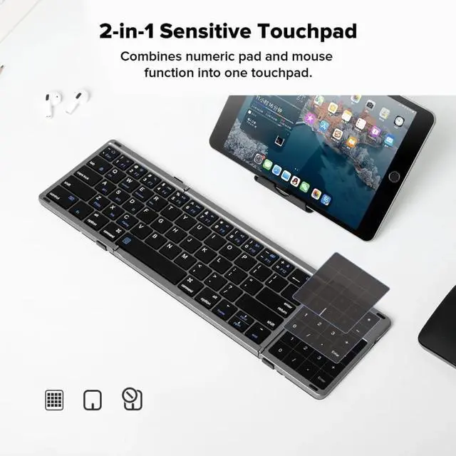 Alt view image 2 of 6 - Foldable Keyboard with Touchpad and Numeric Keypad, 2.4G Wireless and Bluetooth, Rechargeable Portable Travel Folding Keyboard with PU Leather