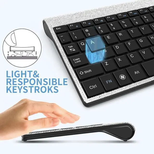 Alt view image 3 of 5 - Keyboard and Mouse Wireless, Sparkly Bling Rhinestone Wireless Mouse and Keyboard Gift Set (Silver)