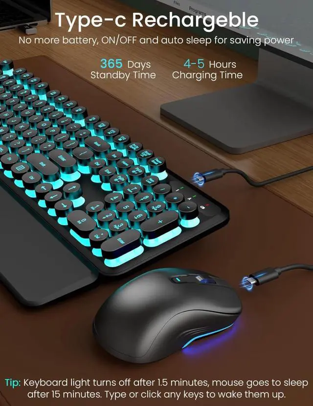 Alt view image 4 of 4 - Wireless Keyboard and Mouse Backlit - Retro Round Keycaps, Light Up Letters, 2.4G Cordless Combo