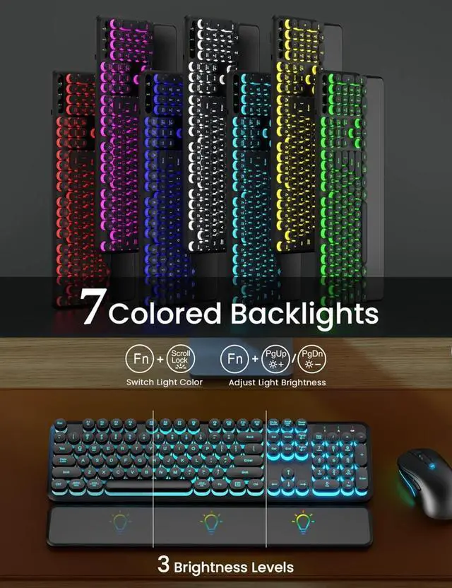 Alt view image 2 of 4 - Wireless Keyboard and Mouse Backlit - Retro Round Keycaps, Light Up Letters, 2.4G Cordless Combo