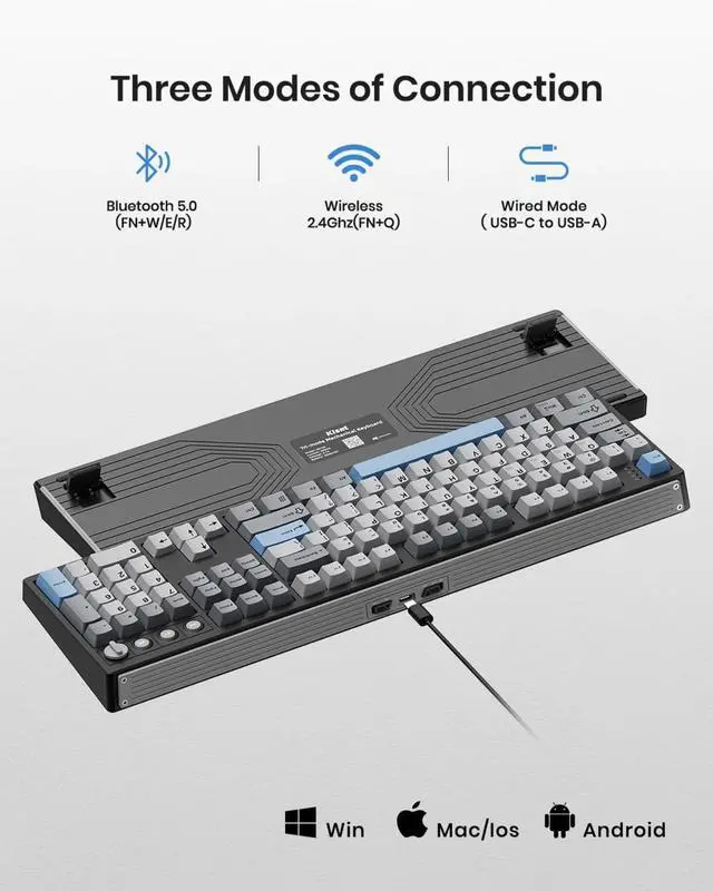 Alt view image 3 of 6 - Wireless Mechanical Keyboard,104 Keys 100% Full Size with Number Pad,Hot Swappable,Bluetooth/2.4GHz/USB-C for Gaming/Typing/Win/Mac/PC (Carbon Black)