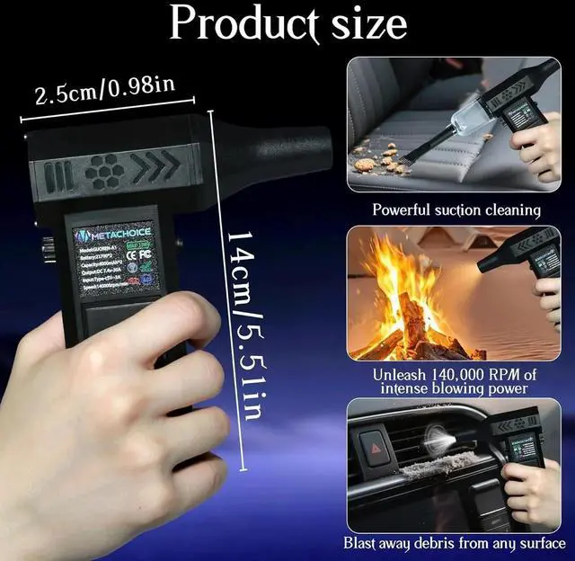 Alt view image 2 of 4 - Compressed Air Duster 140000 RPM 8000mAh 21700 Batterywith LED Light Stepless Speed Control for Keyboard Cleaner Car dust Removal (Black)