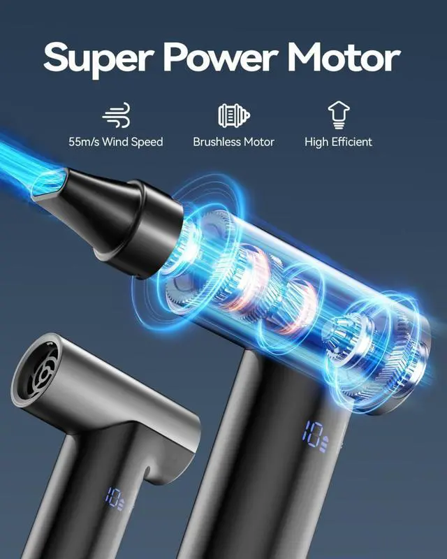 Alt view image 2 of 6 - 2025 Upgraded Compressed Air Duster,11-Gear Speed Mini Blower with Aluminum Alloy, Cordless Dust Blower for Computer, Keyboard