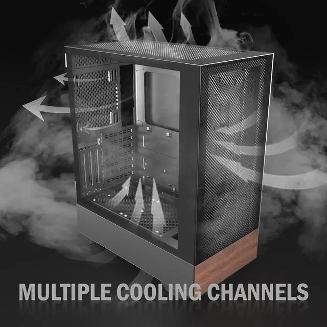 Alt view image 3 of 7 - Mid Tower Computer Case with Tempered Glass, Printed Walnut Wood Panels,Support 360mm Radiator,Black Gaming Desktop Case (H3)