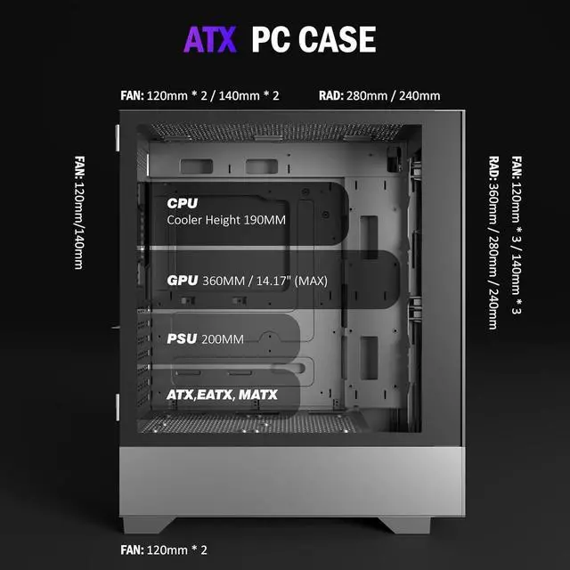 Alt view image 4 of 7 - Mid Tower Computer Case with Tempered Glass, Printed Walnut Wood Panels,Support 360mm Radiator,Black Gaming Desktop Case (H3)