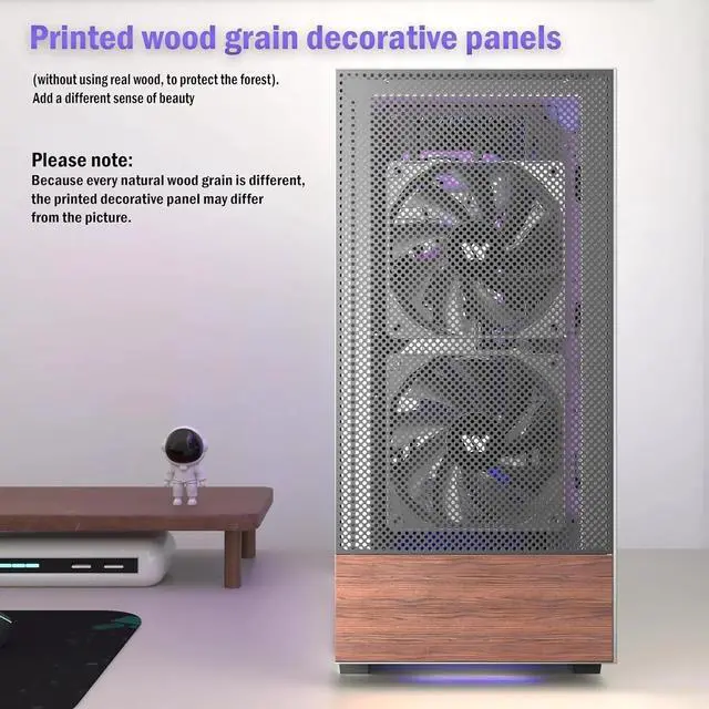 Alt view image 6 of 7 - Mid Tower Computer Case with Tempered Glass, Printed Walnut Wood Panels,Support 360mm Radiator,Black Gaming Desktop Case (H3)