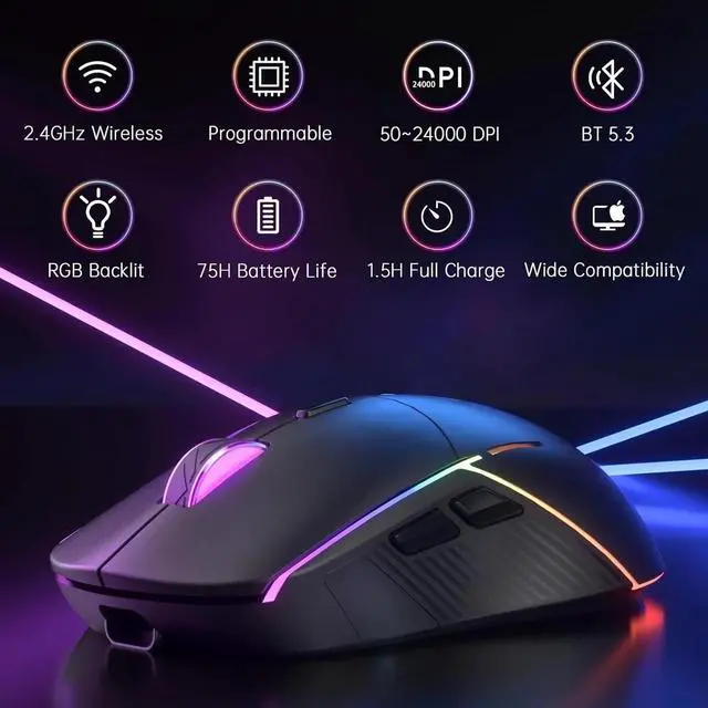 Alt view image 2 of 4 - Tri-Mode 2.4G/USB-C/Bluetooth 5.3 Gaming Mouse Wireless, RGB Programmable Mouse Gamer, 75Hrs Battery Life, Rechargeable - Black