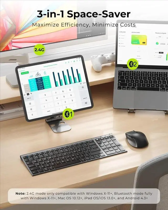 Alt view image 2 of 4 - Bluetooth Keyboard and Mouse Combo, USB+Dual BT Multi-Device, Rechargeable Wireless Keyboard Mouse, Combo Compatible - Black Grey